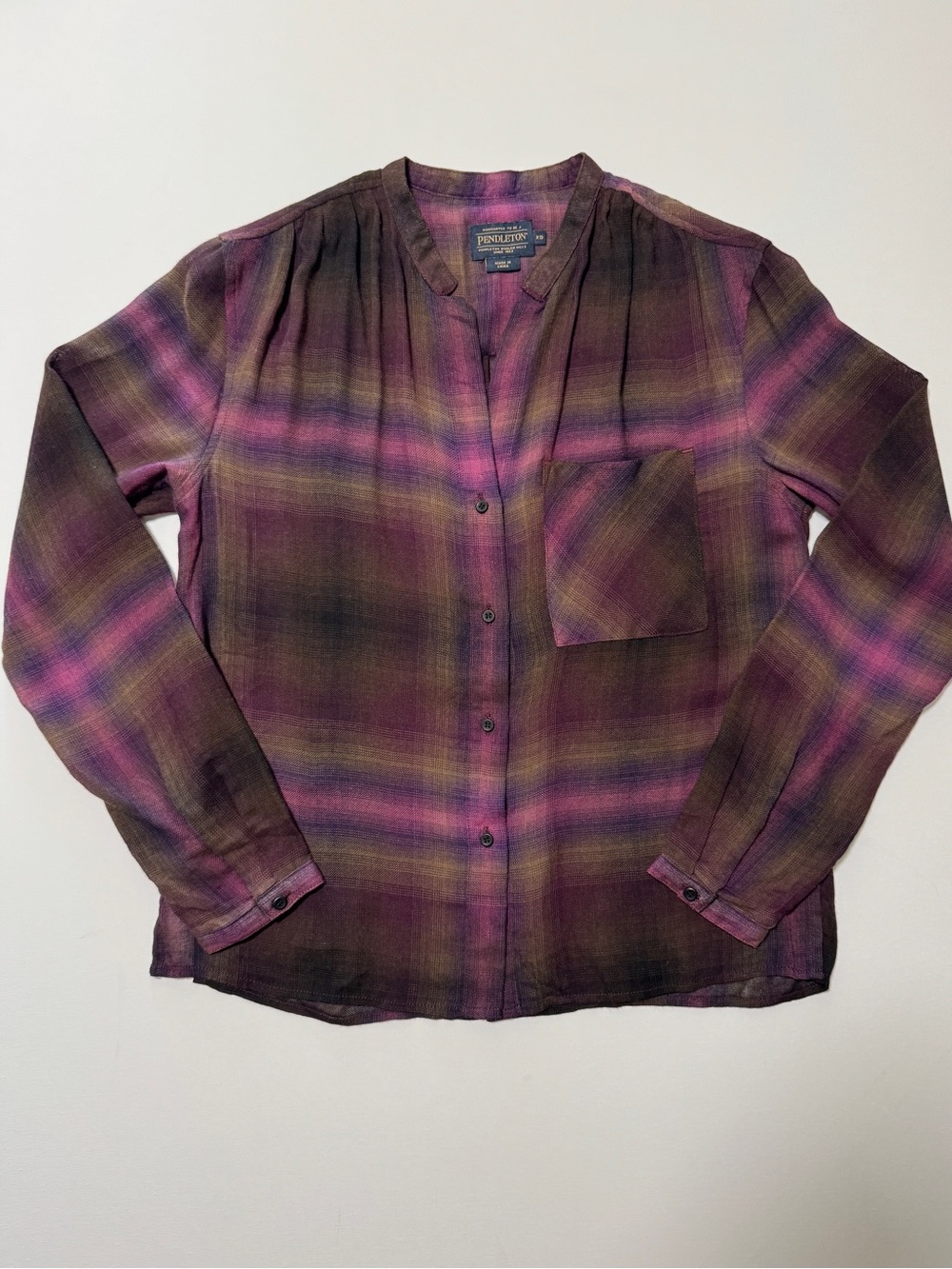 Pendleton Women’s XS Plaid Blouse Band Collar Button Front Modal Wool Purple